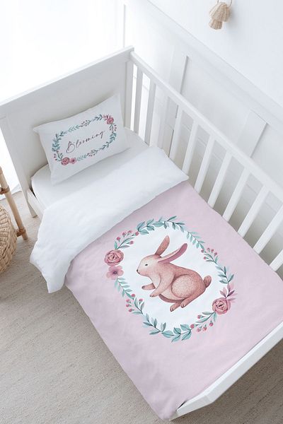 Tuğba Kuğu Baby Size Duvet Cover Set (100X150) - Iconic Series - Pink Wreathed Rabbit