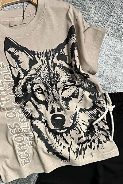 Riccotarz Σετ αθλητικής φόρμας για αγόρια με μαύρο μολύβι λύκος και κείμενο σε καφέ μπλουζάκι