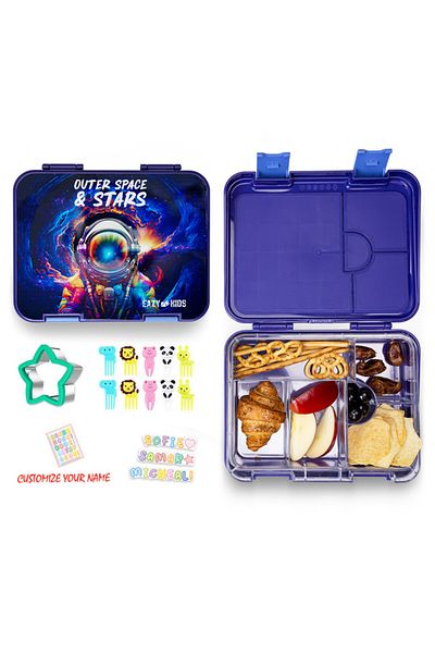 Eazy Kids صندوق غداء بينتو قابل للتحويل 6&4 مع حقيبة غداء ومجموعة قاطعة ساندويتش - أزرق الفضاء الخارجي