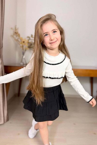 Riccotarz Girl's Baby Neck Breasted Ruffled Ribbed Slim Sweater Set with Fold Pleat Black Skirt