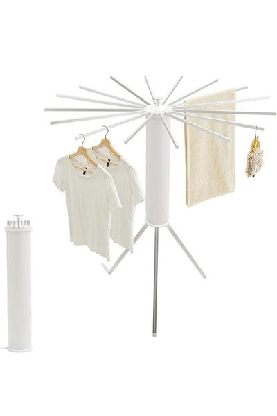 Taimi Clothes Drying Rack Foldable Portable Aluminum Clothes Rack with 16 Poles Silver and White