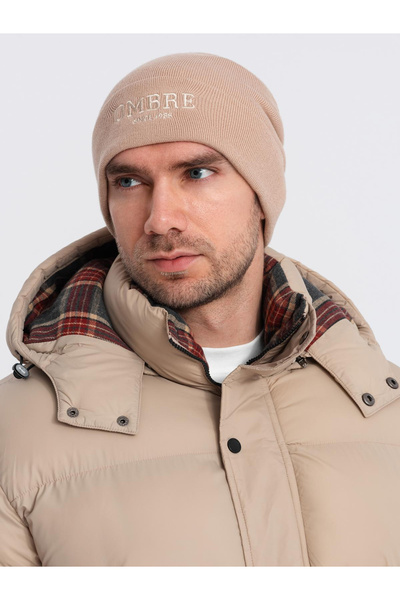 OMBRE Pánská pletená čepice na čepice s vyšívaným nápisem - písková V6 OM-ACWH-0120
