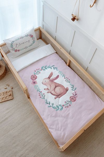 Tuğba Kuğu Montessori Duvet Cover Set (100X200) - Iconic Series - Pink Wreath Rabbit