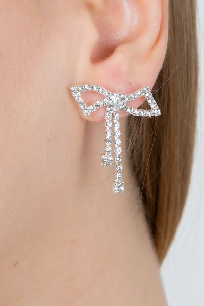 Furtek Aksesuar Women's Minimal Dangle Bow Ribbon Zircon Earrings Trend Elegant Wedding Engagement Glitter