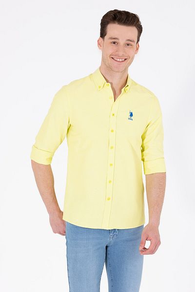 U.S. Polo Assn. قميص أساسي بأكمام طويلة أصفر نيون للرجال 50262980 -VR168