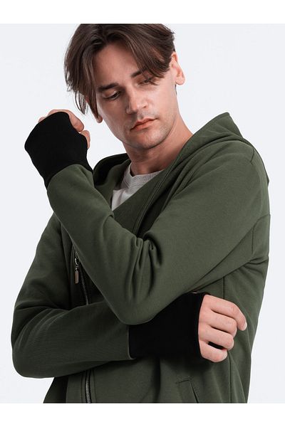 OMBRE Asymmetrical men's sweatshirt with a spacious hood NANTES - dark olive green B1368 M