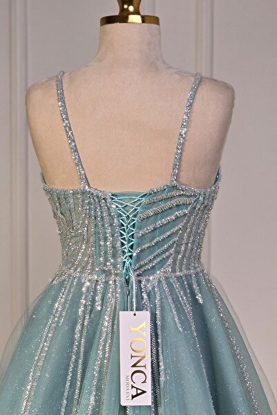 Yonca Moda Evi Mint Yeşili Yaprak İşlemeli Helen Nişanlık 7914