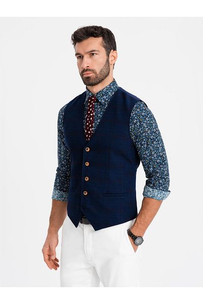 OMBRE Herrenweste ohne Revers in zartem Karo - Marineblau V1 OM-BLZV-0123 XXL