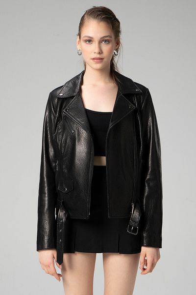 Dericlub Scarlett Women - Black Genuine Leather Jumbo Biker Coat