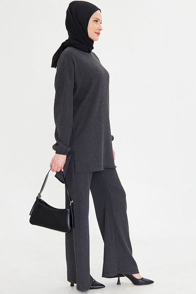 armonika Costum din două piese Hijab pentru femei afumat - decolteu zero, mâneci elastice și pantaloni cu fante laterale ARM-25K 001109