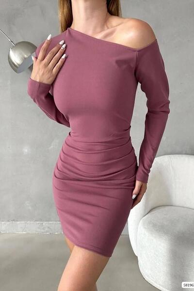 Deafox Μακρυμάνικο φόρεμα με έναν ώμο με λεπτομέρεια από εισαγόμενο κρεπ ύφασμα