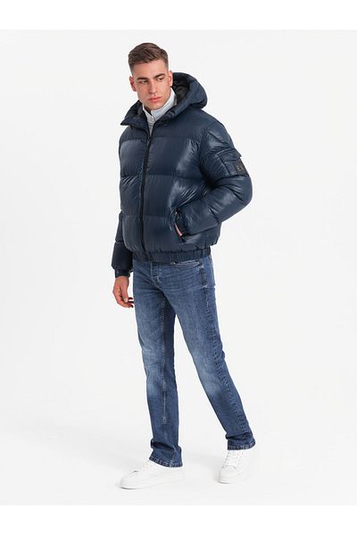 OMBRE Warm men's puffer jacket with welts - navy blue V2 OM-JAHP-0207 S