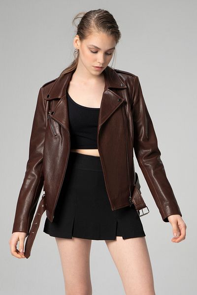 Dericlub Scarlett Women - Genuine Leather Jumbo Biker Coat Hazelnut