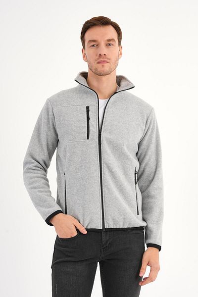 Deri Company Men's Fleece Jacket Gray Melange Zippered Stand Collar