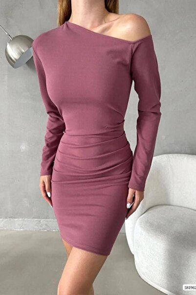 Deafox Μακρυμάνικο φόρεμα με έναν ώμο με λεπτομέρεια από εισαγόμενο κρεπ ύφασμα