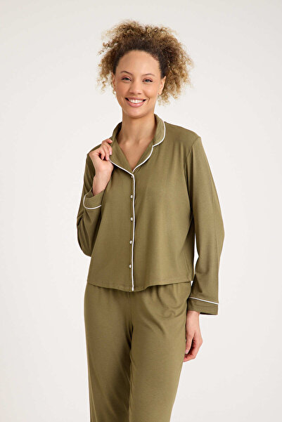 No52 HomeWear 90% Cotton 10% Elastane Oil Green Color Premium Quality Women's Pajama Set
