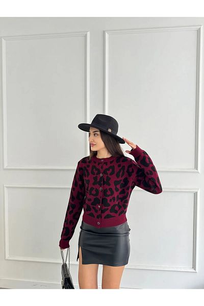 charm butik Cardigan de tricotaj crop cu nasturi cu imprimeu leopard de damă