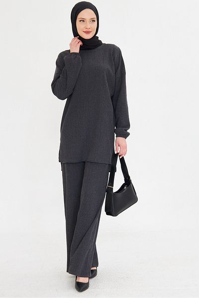 armonika Costum din două piese Hijab pentru femei afumat - decolteu zero, mâneci elastice și pantaloni cu fante laterale ARM-25K 001109