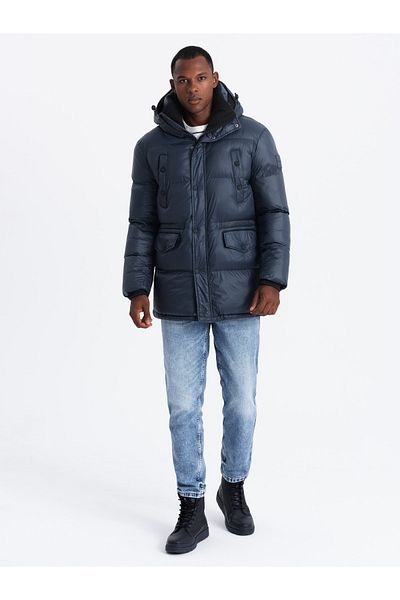 OMBRE Men's long puffer jacket with snap pockets - navy blue V3 OM-JALJ-0186 L