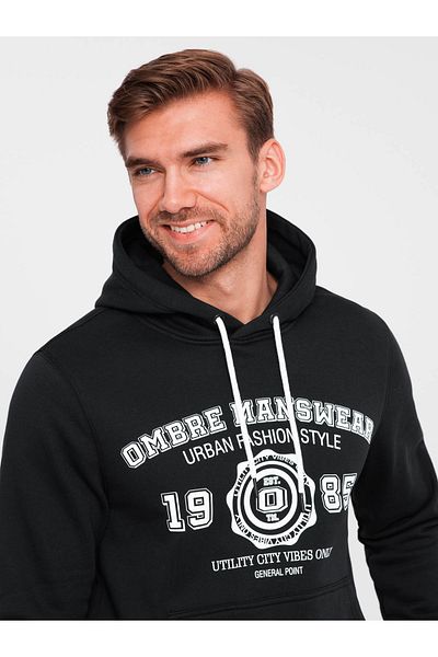 OMBRE Men's kangaroo hoodie with college style print - black V3 OM-SSPS-0143 XXL