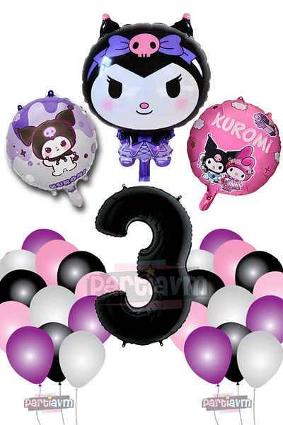 PARTİAVM 3 Year Old Kuromi Theme Balloon Pink Black White Purple Balloon - Black Number Balloon and Printed Foil Balloon