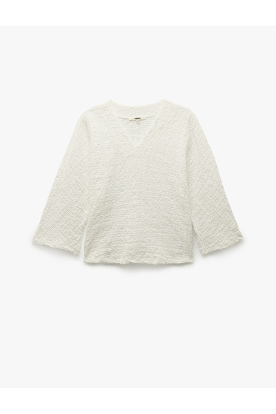 Koton Bavlněná halenka s 3/4 širokým rukávem s texturou do V