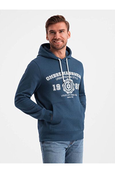 OMBRE Pánská mikina s kapucí klokan s vysokoškolským potiskem - tmavě modrá V2 OM-SSPS-0143 S