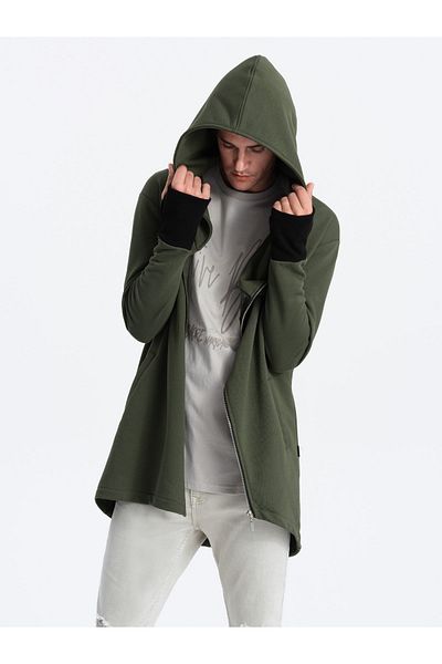 OMBRE Asymmetrical men's sweatshirt with a spacious hood NANTES - dark olive green B1368 M