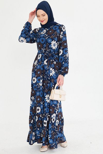 armonika Rochie albastră hijab cu fermoar - decolteu, fustă cu volane, cu eșarfă - ARM-25K 001101