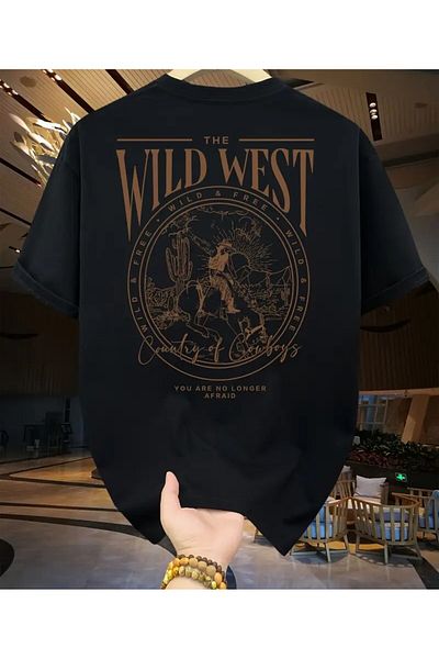 Karatopak Tricou unisex oversize cu decolteu rotund cu imprimeu pe spate și față Wild West