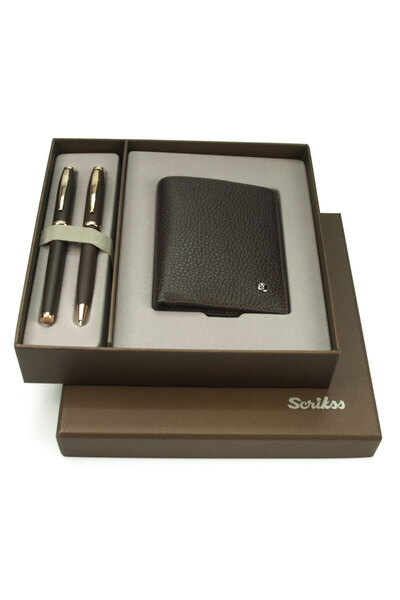 Scrikss Dr242 Hediyelik Set Dolma Kalem - Tükenmez Kalem 39 Rose Gold - Kahve...