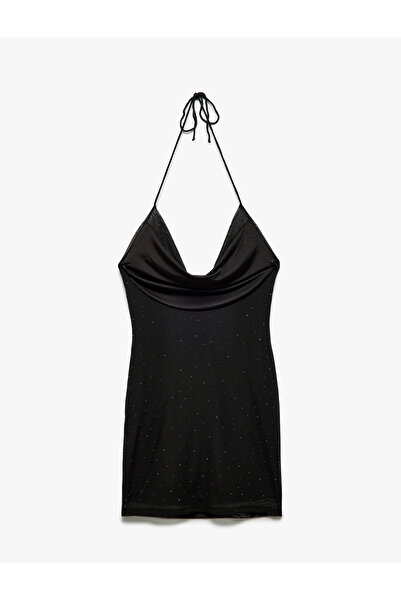 Koton Astarlı Boyundan Bağlamalı Slim Fit Degaje Yaka Mini Tül Taşlı Elbise