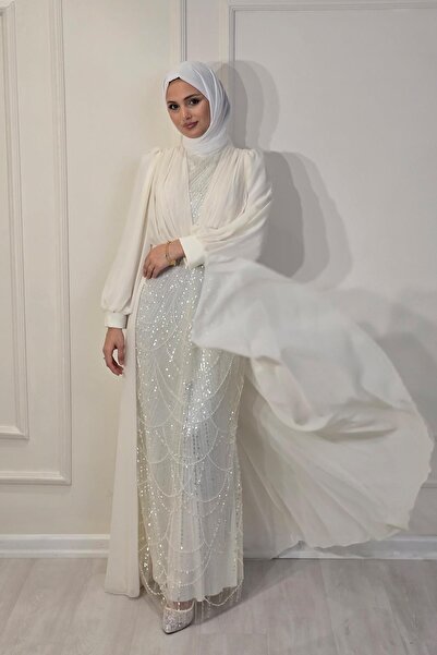 Yonca Moda Evi Beyaz Şifon Boncuklu Abiye 4630