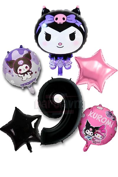 PARTİAVM 9 Year Old Kuromi Theme Balloon Pink Black Star Foil Balloon - Black Number Balloon and Printed Foil Balloon