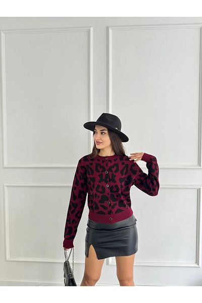 charm butik Cardigan de tricotaj crop cu nasturi cu imprimeu leopard de damă