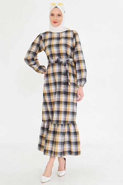armonika Rochie de damă, galbenă, cu gâtul în formă de zero, cu fermoar la spate, la capăt, cu volane, evantai, lungă, musulmană, ARM-25K 001102