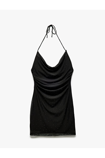 Koton Astarlı Boyundan Bağlamalı Slim Fit Degaje Yaka Mini Tül Taşlı Elbise