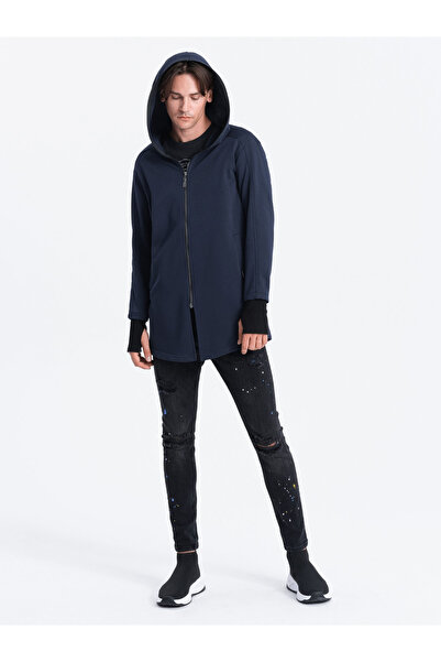 OMBRE Delší pánská rozepnutá mikina s prostornou kapucí PRAGA - tmavě modrá B1369 XXL