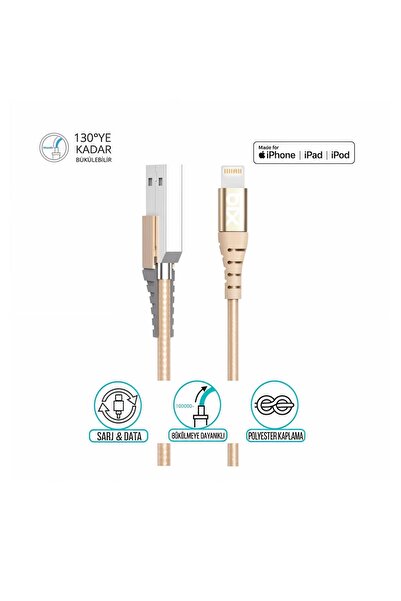 Bix İphone Için Ultra Güçlendirilmiş Mfı Lightning Şarj Kablosu Altın