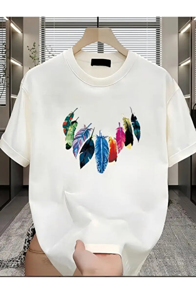 Karatopak تي شيرت برقبة دائرية كبير الحجم للجنسين مطبوع عليه ريش ملون