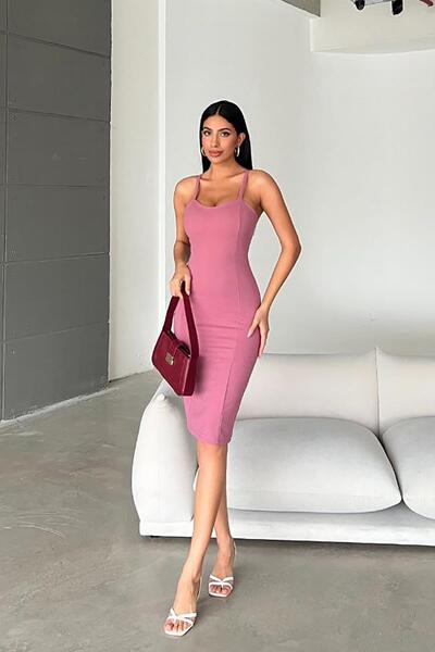 Deafox Powder Heart Collar Thick Strap Crepe Fabric Pencil Dress