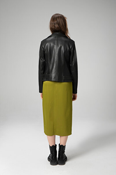 Dericlub Scarlett Kadın Jumbo Biker Hakiki Deri Mont Yeşil