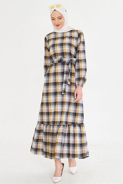 armonika Rochie de damă, galbenă, cu gâtul în formă de zero, cu fermoar la spate, la capăt, cu volane, evantai, lungă, musulmană, ARM-25K 001102