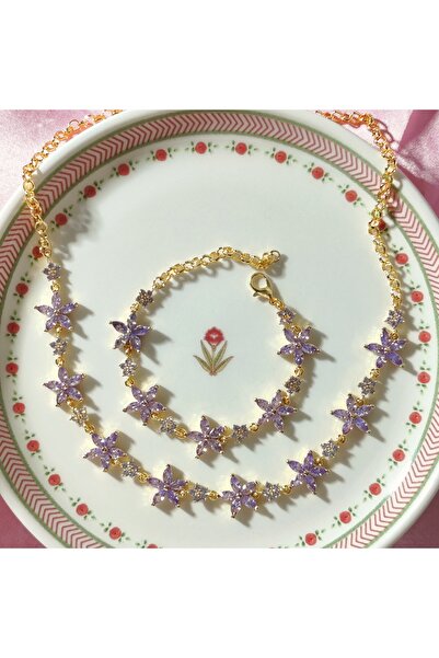 Reory Accessory Lila Zirkon Taşlı Water Lily Çiçek Choker Kolye Bileklik Set