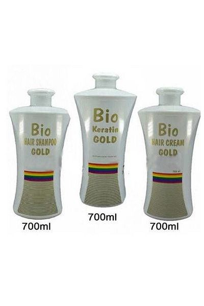 Bio Keratin 700 Ml Gold Permanent Brazilian Blow Dry Set of 3 - Keratin Salt-Free Shampoo and Conditioner