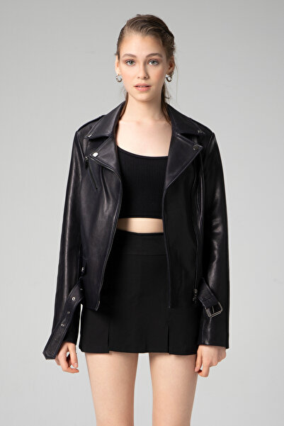 Dericlub Scarlett Kadın Jumbo Biker Hakiki Deri Mont Lacivert