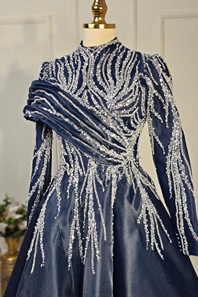 Yonca Moda Evi Lacivert Drapeli Özel Tasarım Abiye 7918
