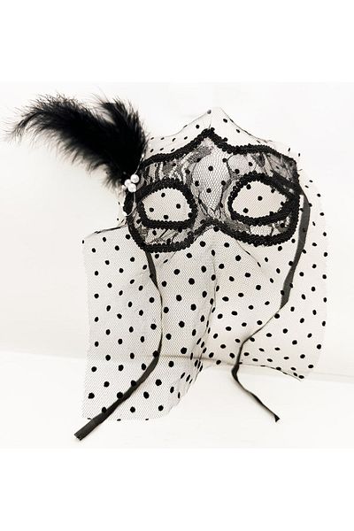 nuit dose Black Color Black Polka Dot Veil and Pearls Party Mask