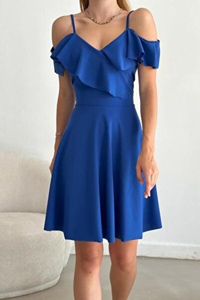 Deafox Rochie Saks albastră cu bretele cu umeri