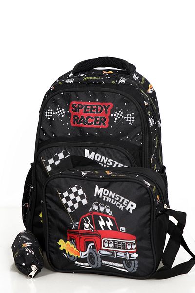 Moricha Set de suport triplu pentru stilou, spate și cutie de prânz pentru băieți, cu imprimeu Speedy Racer pentru școala primară și gimnazială